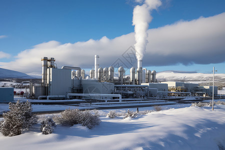 冬季雪景中的大型地热能工厂背景