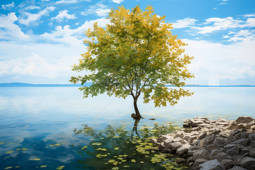 夏日湖泊中孤独的树木图片