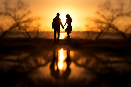 湖畔浪漫牵手散步的情侣背景图片