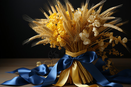 蓝色丝带鲜花麦穗装饰图片