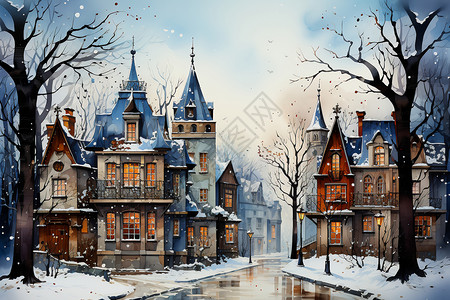 雪景中的童话小镇图片