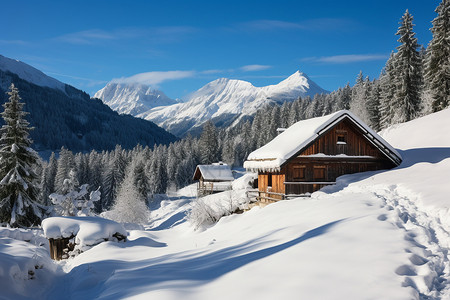 冰雪中的山间木屋图片