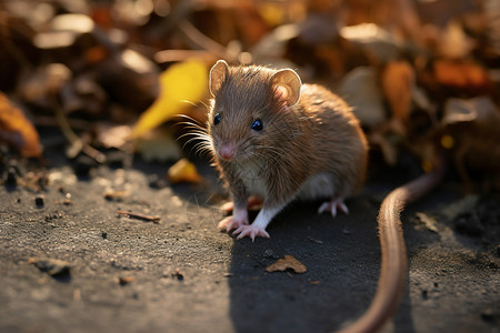 小老鼠好奇地坐在地上高清图片