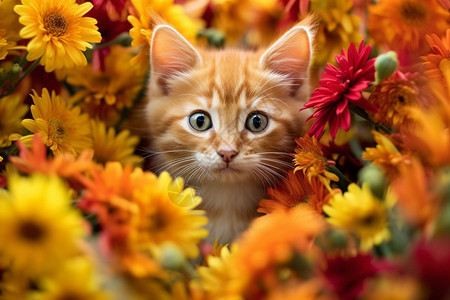 花丛中呆萌的猫高清图片