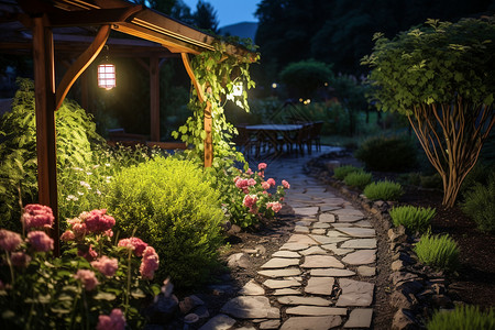 灯光花园夏季夜晚的花园小路背景