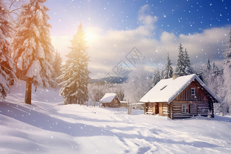 在雪地里的房子图片