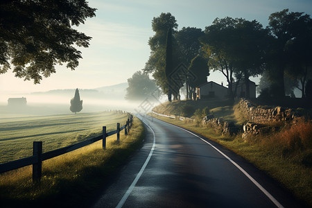 乡村道路雾秋日早晨的德国乡村背景