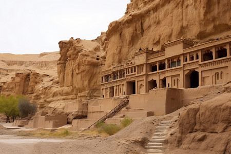 修道院墙壁壁画沙漠里辉煌的建筑背景
