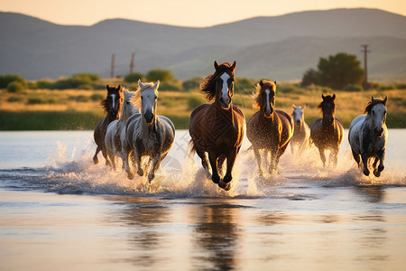 日落时河流中奔跑的马匹背景图片