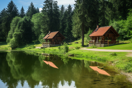 美丽山村湖畔小屋的美丽景观背景