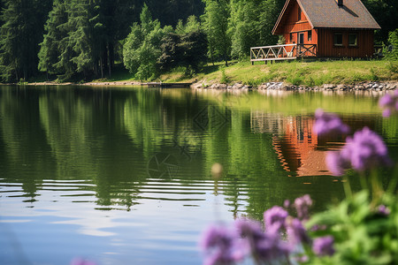 山村湖畔的美丽房屋图片