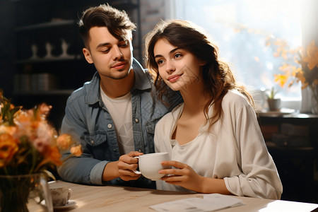 夫妻俩在厨房享受咖啡背景图片