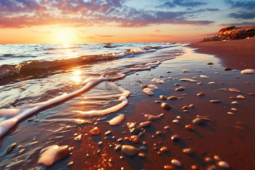 日落海滩上的浪花图片
