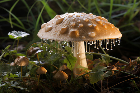 蘑菇上的水滴图片