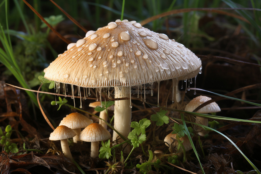 蘑菇上的水珠图片