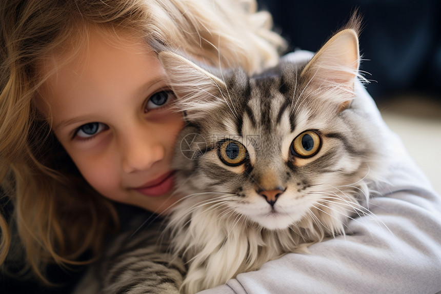 小女孩怀抱猫咪图片