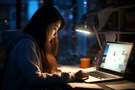 晚上房间夜间学习的女大学生背景