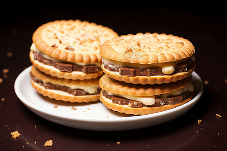 夹心饼美味的巧克力曲奇摆放在黑色背景的盘子上背景