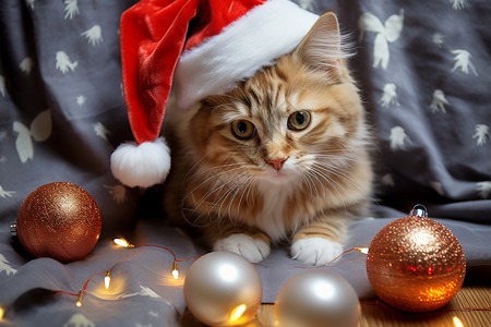装饰着圣诞装饰的小猫图片