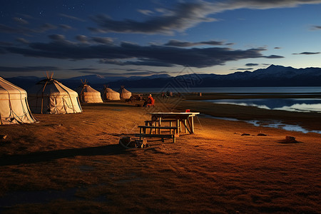 月夜湖滨露营高清图片