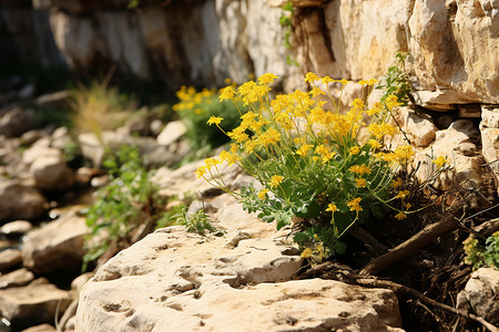 石质纹理悬崖边上的野花背景