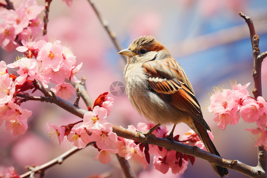 粉色花树上的小鸟图片