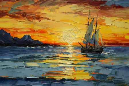 夕阳下的海上帆船图片