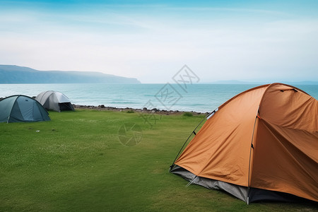 海边游玩海边露营地的旅游帐篷背景