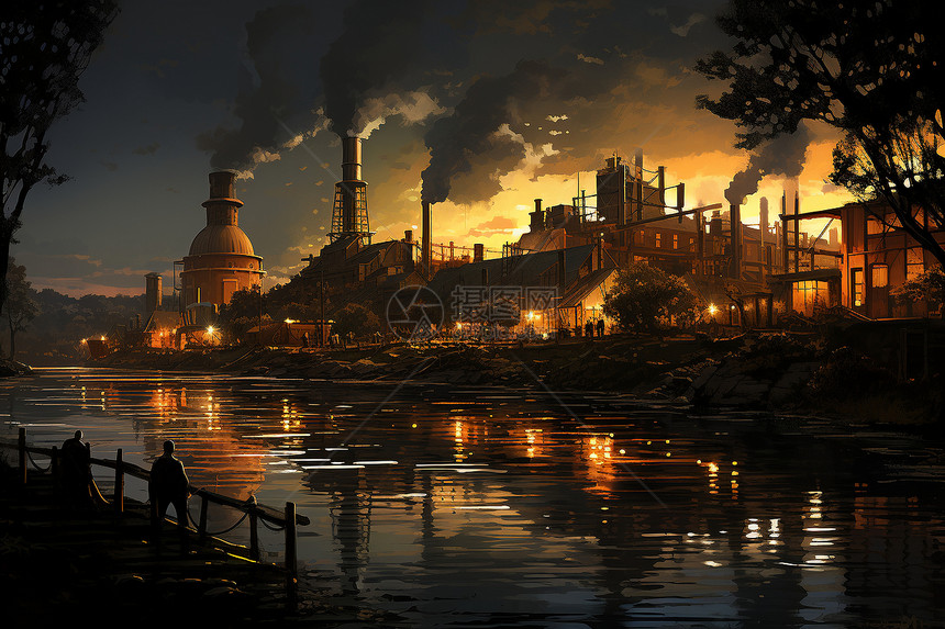 黄昏下浓烟滚滚的工厂图片