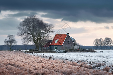 红顶房屋冬季农田中的房屋背景