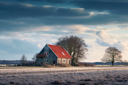 可爱红顶房子冬季田野中孤独的房屋背景