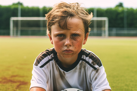 踢足球后草坪上的小男孩图片