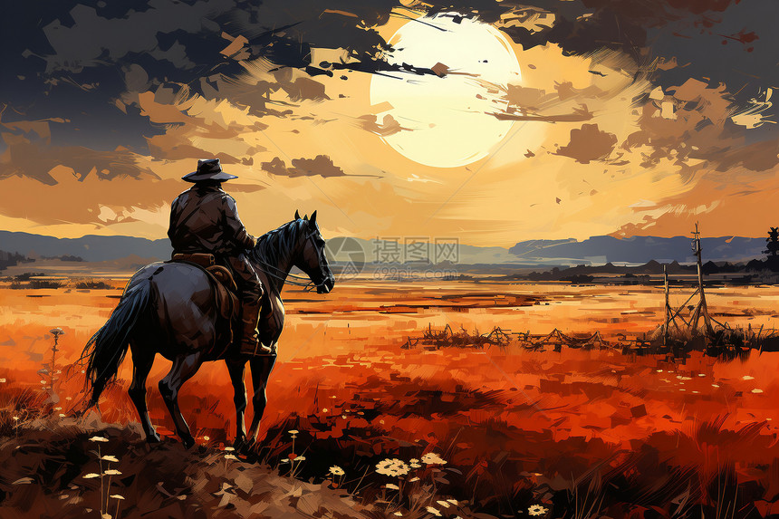 夕阳田野中的骑士油画插图图片