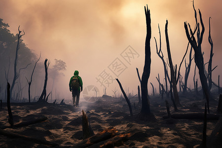 火灾后森林中孤独的男子高清图片