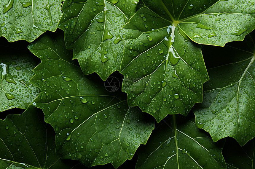 沾满雨滴的野外绿叶图片