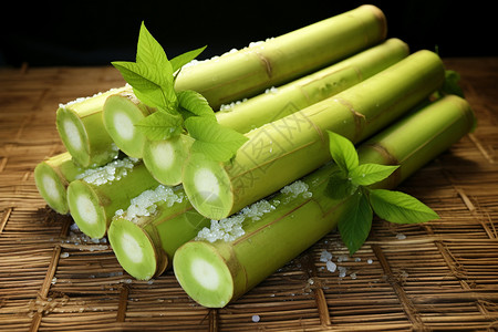 新鲜采摘的绿色甘蔗图片
