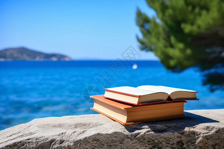 海边时光海岸上翻开的书本背景