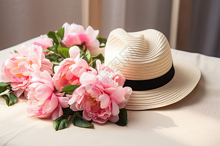 花香四溢的鲜花和帽子背景图片