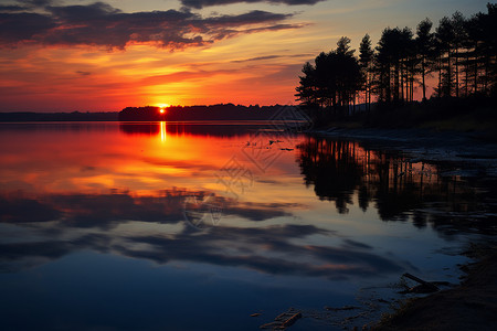 湖畔的夕阳美景图片