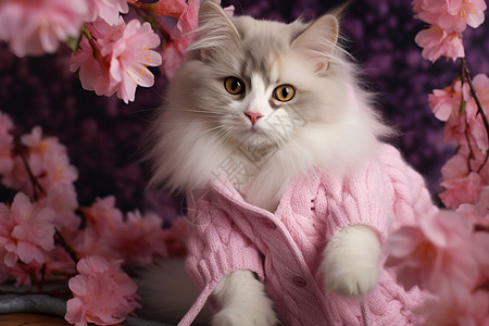 粉色毛衣装扮的宠物猫咪图片