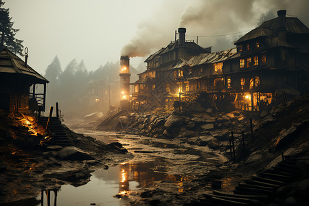 烟雾笼罩的乡村城镇图片