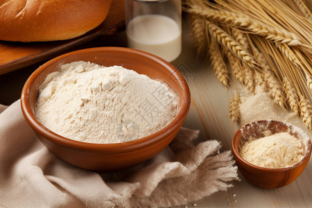 米色面包服烹饪食品的小麦粉背景