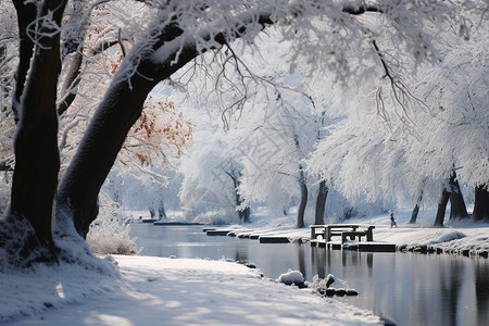国潮山水场景结冰的公园树枝背景