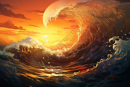 夕阳下海面的巨浪图片