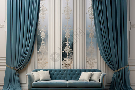 蓝色宫廷风沙发窗帘背景图片