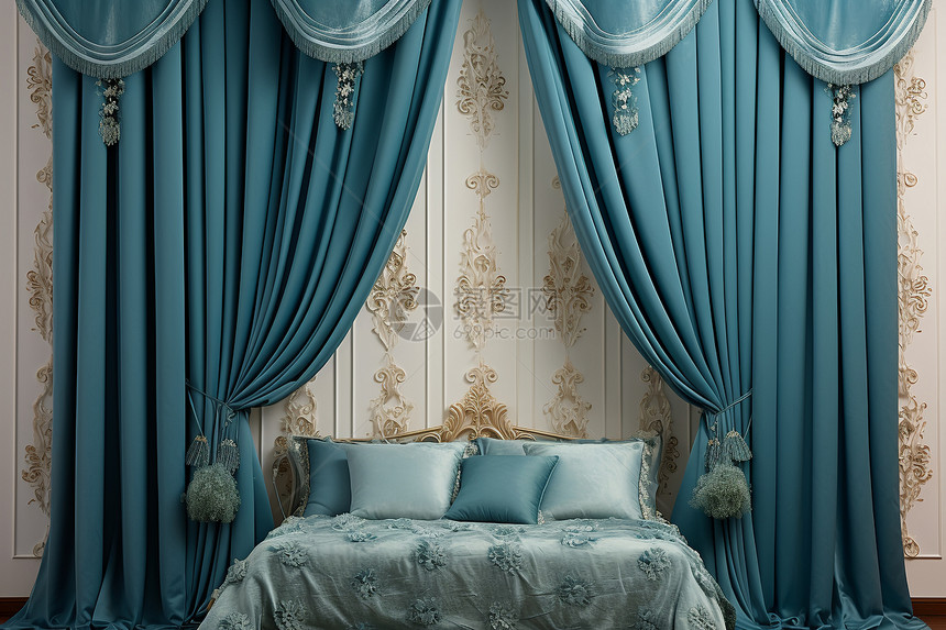 豪华卧室中的蓝色窗帘图片