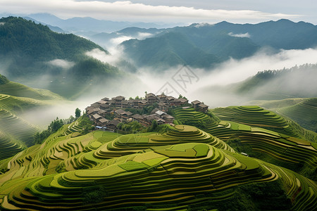 云雾缭绕的山村梯田背景图片