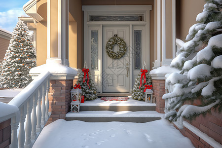 冬季建筑门前的圣诞节装饰图片