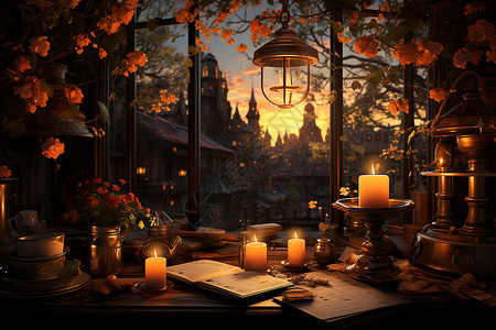 窗前书桌上的蜡烛和书籍图片