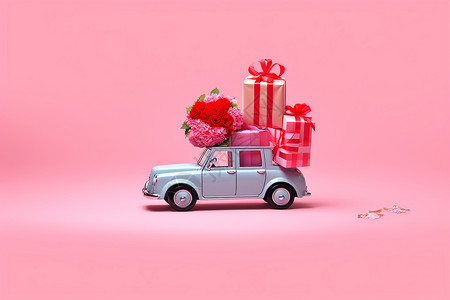 粉色人偶玩具小车上的礼物背景